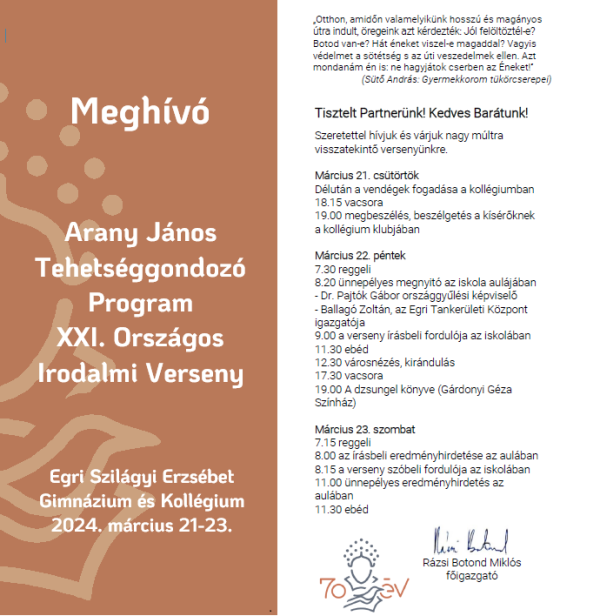 Arany János Tehetséggondozó Program XXI. Országos Irodalmi Verseny