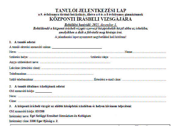 TANULÓI JELENTKEZÉSI LAP